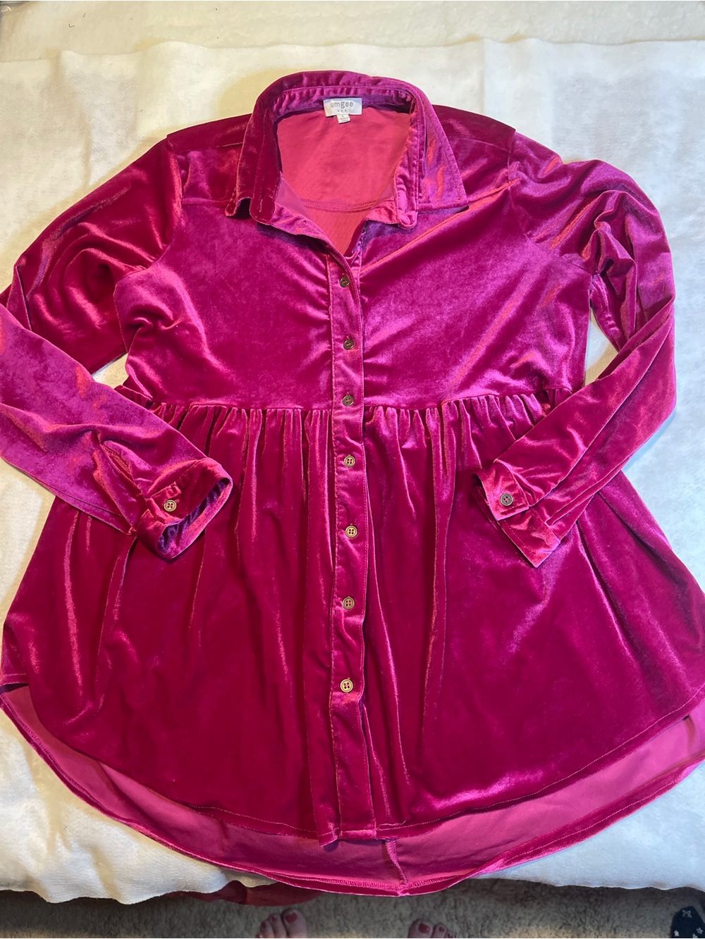 Umgee Velvet Babydoll Button Down Tunic Top Magenta Raspberry Pink L Large